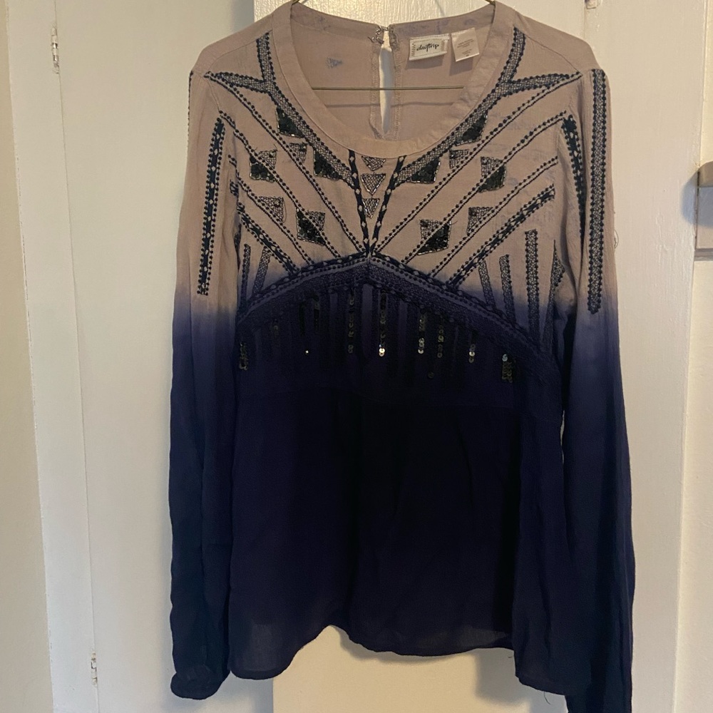 Daytrip Embellished Cream and Tan Long Sleeve Blouse
